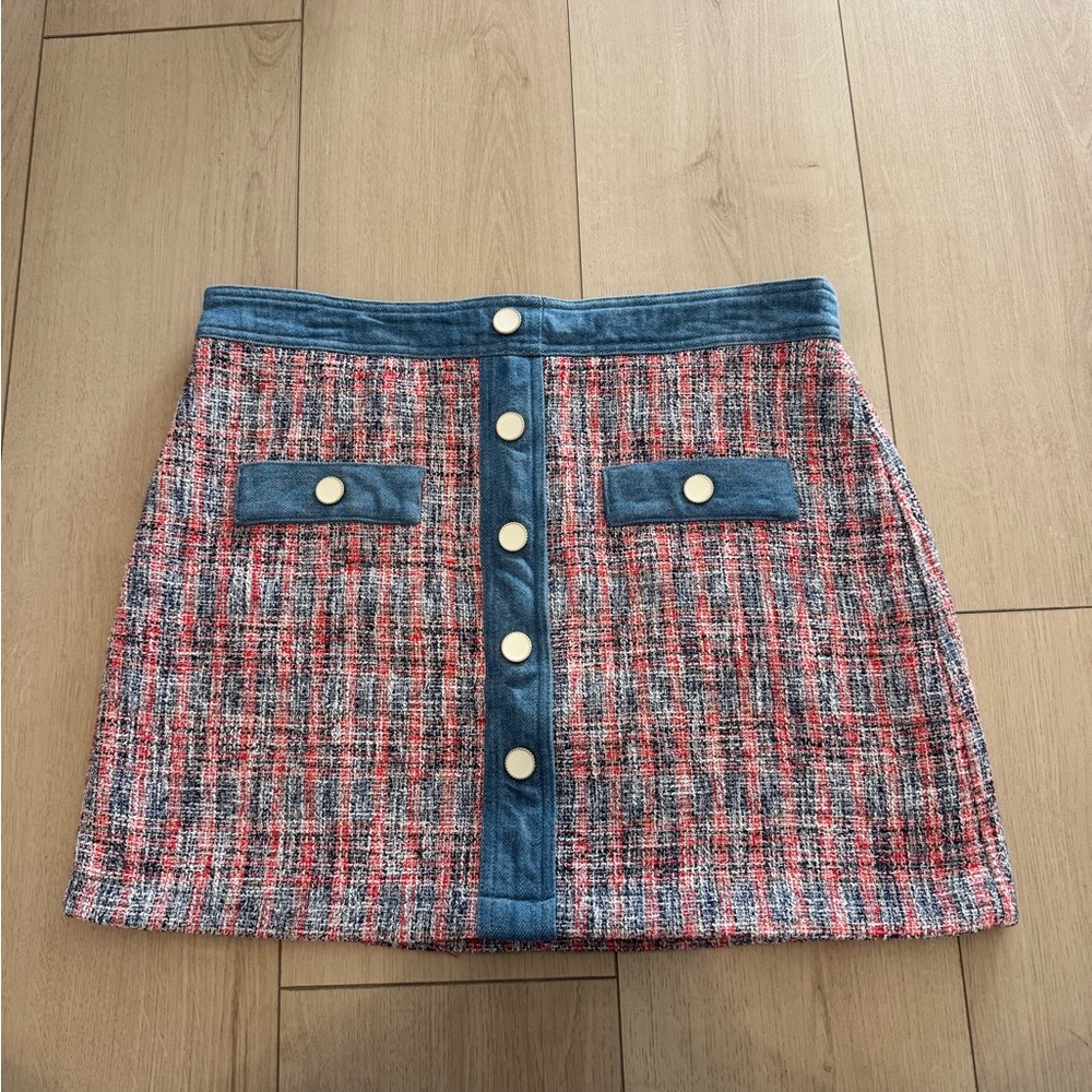 House of Harlow 1960 Red and Blue Tweed Mini Skirt with Denim accents